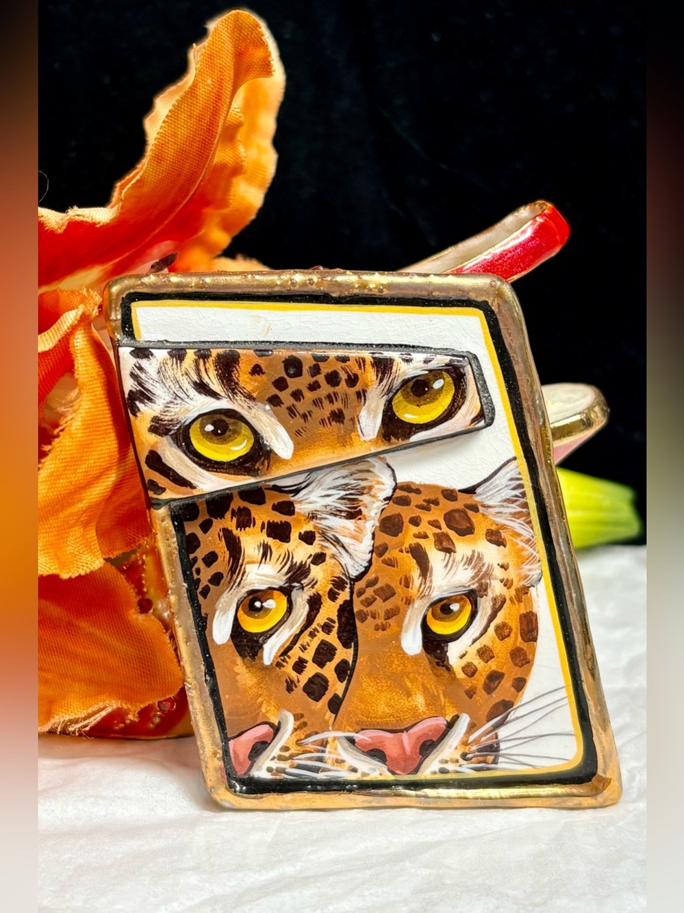 VINTAGE artist signed Leopard Tile Accent brooch in Orange and Gold